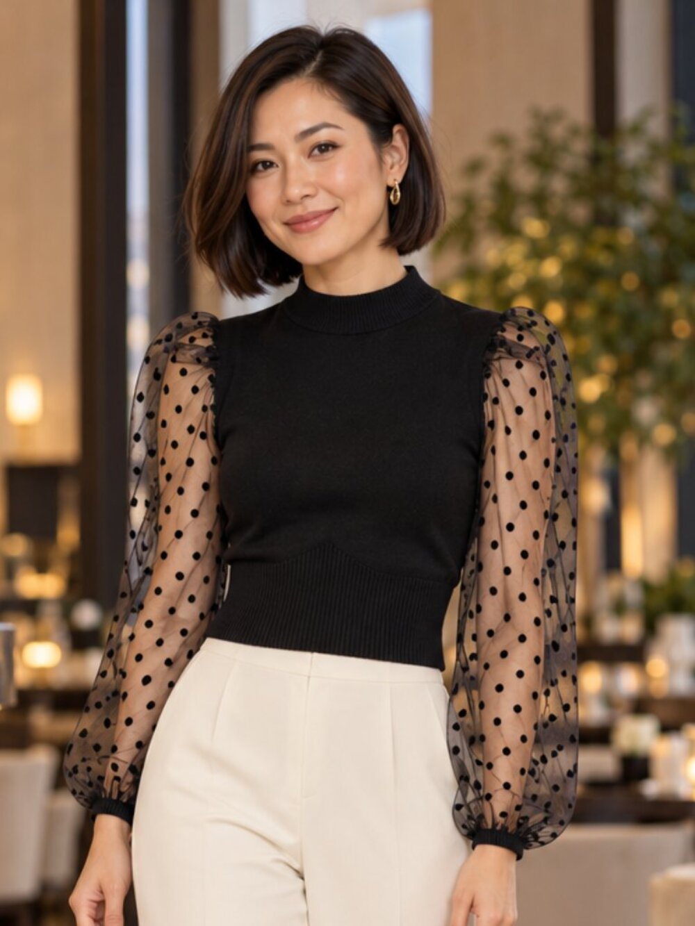 A Love Story Black Sheer Polka Dot Puff Sleeve Sweater Top Size Small